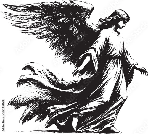 A Detailed Black and White Illustration of an Angel with Large Feathered Wings and Flowing Robes