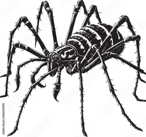 Detailed Black and White Illustration of a Spider with its Legs and Body in High Resolution