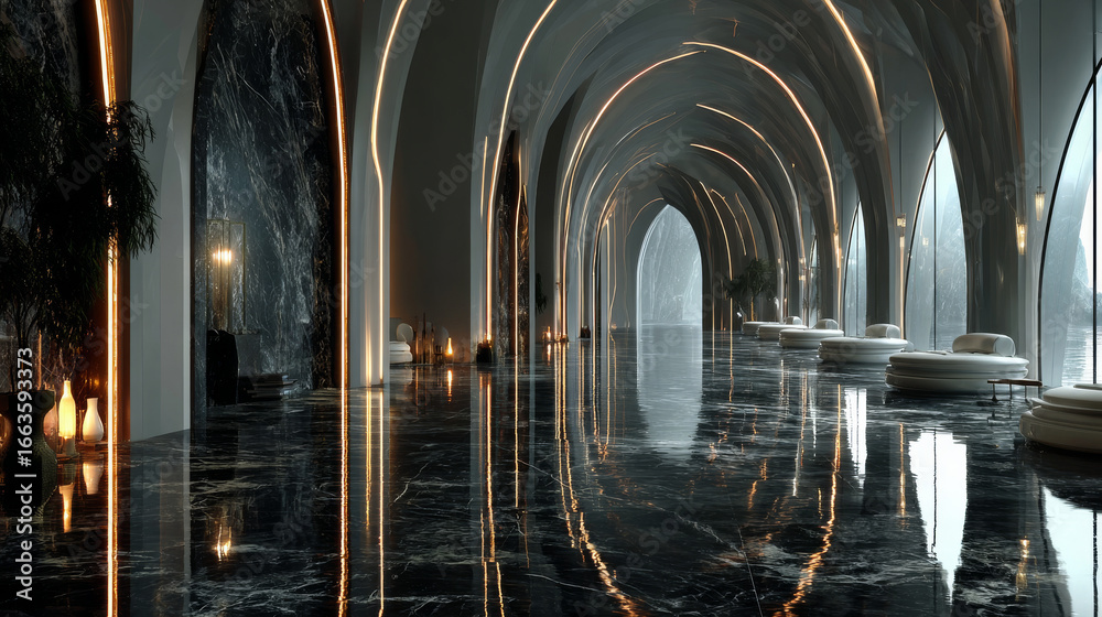 Naklejka premium 3d rendering. A row of futuristic sci-fi arches with white neon lighting in a dark marble hall.