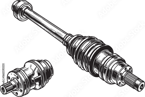 Detailed Woodcut Style Illustration of Drive Shaft Components on