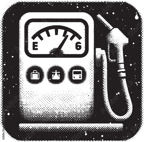 Monochrome illustration of a vintage gas pump with gauge and nozzle, fuel consumption icon