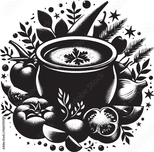 Illustration of a vegetable soup with various ingredients, ideal for culinary themes and recipes