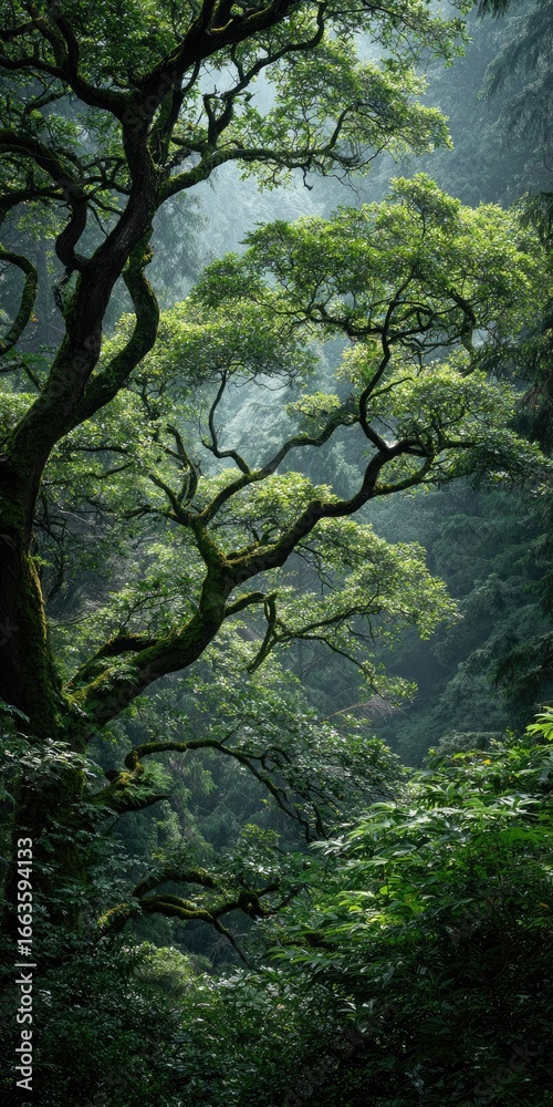 Obraz premium Lush green forest canopy with twisting branches