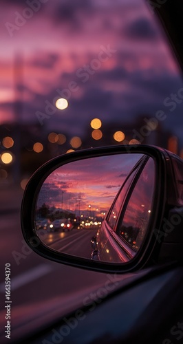A car's side mirror reflecting a vibrant sunset over a city street
