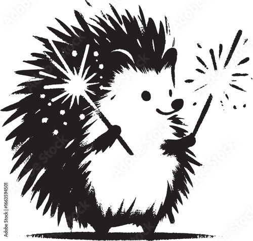 Whimsical Hedgehog Celebrating with Sparklers in a Black and White Illustration