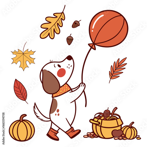 Cute Relaxed Playful puppy, accessorized with with a balloon, in a Autumn world – Autumn Leaves palette vector