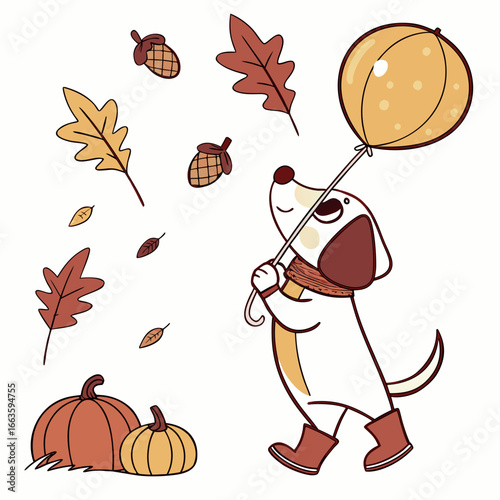 Cute Relaxed Playful puppy, accessorized with with a balloon, in a Autumn world – Autumn Leaves palette vector