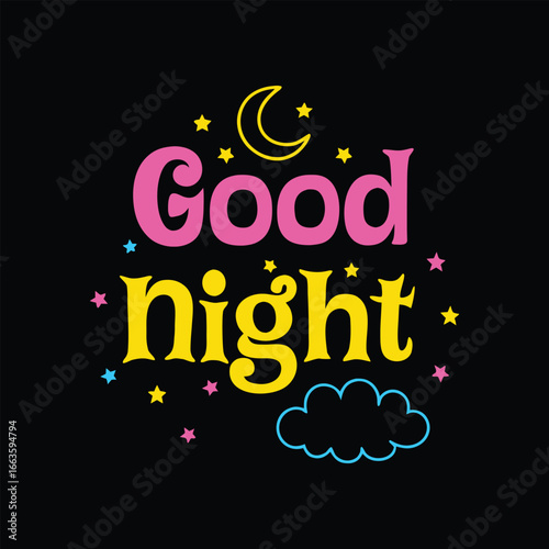 Pink and yellow good night text with moon stars and cloud vector