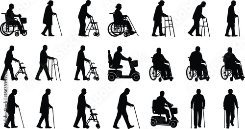 Silhouettes of elderly individuals using mobility aids including wheelchairs, walkers, canes, and scooters for accessibility and healthcare design