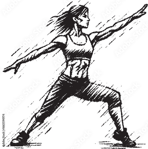 Dynamic illustration of a woman in an athletic pose demonstrating fitness and strength
