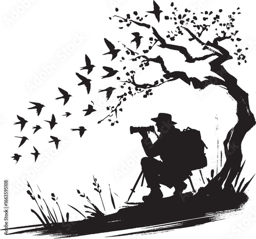 Minimalist sumi-e illustration of birdwatcher in Japan capturing
