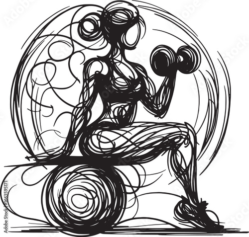 Silhouette of a Woman Exercising with Dumbbells on a Fitness Ball in a Scribble Style