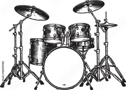 Detailed monochrome woodcut drawing featuring a complete drum ki