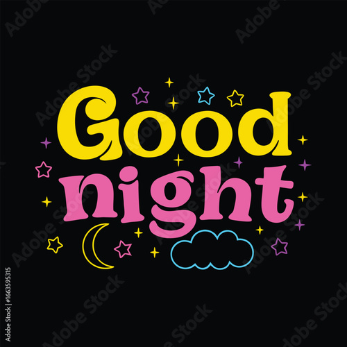 Yellow and pink good night text with stars moon and cloud lettering typography