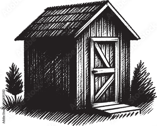 Detailed black and white drawing of a wooden shed in a natural outdoor setting