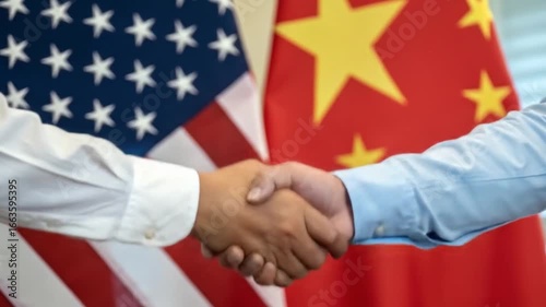 US-China Relations & Cooperation: Representatives Shaking Hands with Flags in the Background | Diplomacy & Agreements