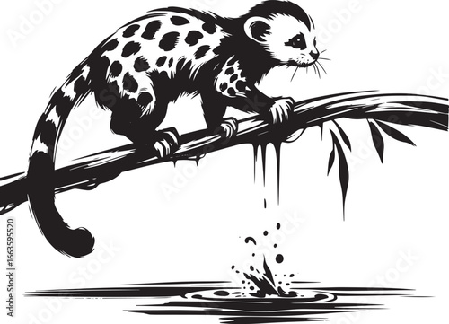 Black and White Civet on a Branch above Water with Splashes Vector Illustration