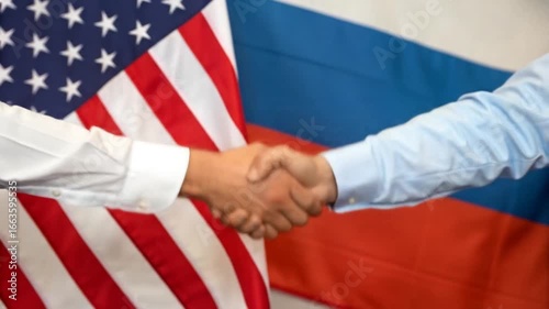 International Relations & Cooperation: US and Russian Representatives Shaking Hands with Flags in the Background | Diplomacy & Agreements