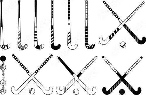 Black and white field hockey stick illustrations, vector sports equipment set, vintage drawing, crossed sticks with ball, hand drawn style.
