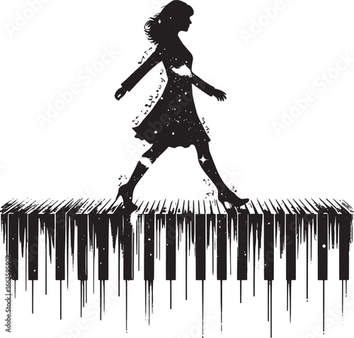 Silhouette of a Woman Walking on Piano Keys: A Conceptual Black and White Graphic Design