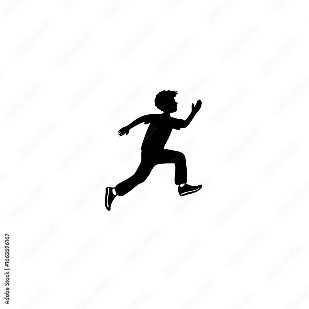Black and White Side View Jumping Boy Pictogram - Athletic Action Silhouette Black and White Side View Jumping Boy Pictogram - Athletic Action Silhouette