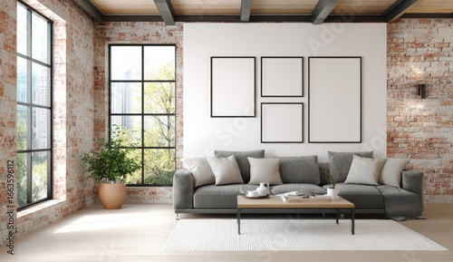 Modern loft living room with exposed brick, large windows, and multiple framed art pieces