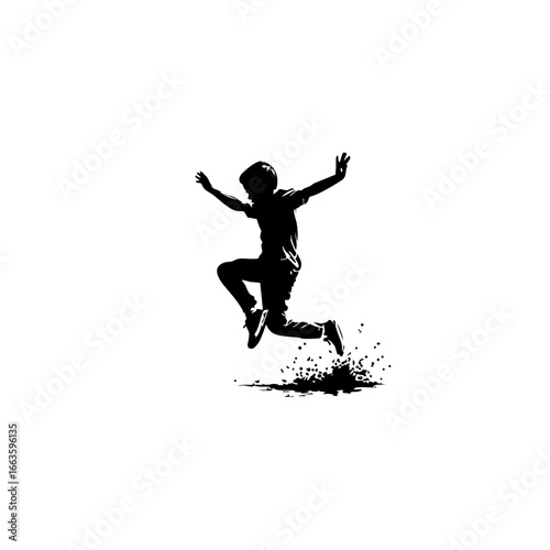 Black and White Side View Jumping Boy Pictogram - Athletic Action Silhouette