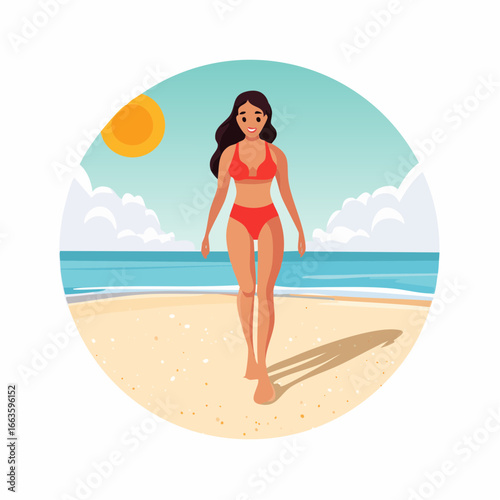 Woman In Bikini Walking On Beach Illustration