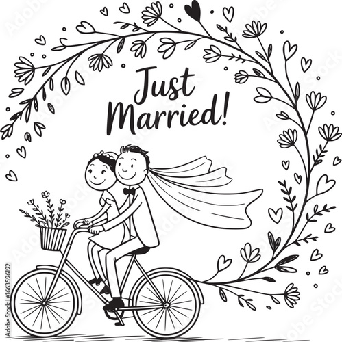 Enchanting Just Married Ride: A charming illustration of a newlywed couple on a bicycle, framed by a whimsical floral wreath, capturing the joy of their journey together.