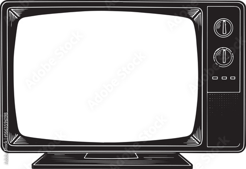 Vintage television illustration in woodcut style, black and whit