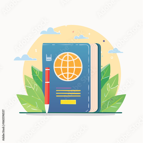 Flat Design Illustration Of A Passport Book With Leaves and Clouds