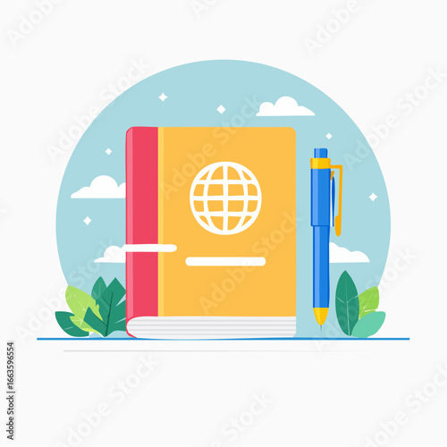 Simple Illustration Of A Notebook With Pen And Global Icon