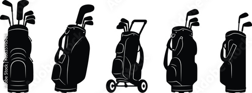 Golf bag silhouettes with clubs, black and white illustration, sports equipment, golf accessories, club sets, golfing gear, vector design