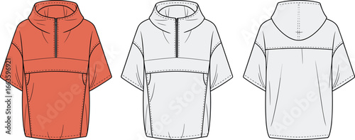 Cad drawing flat vector illustration of short sleeve hoodie, half zip sweatshirt, kangaroo pocket, casual fashion, streetwear, sportswear design.