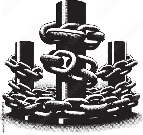 Illustration of Chains Binding Cylindrical Structures, Symbolic of Confinement or Restriction