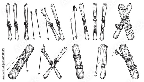 Various hand-drawn illustrations of skis and snowboards, showcasing different angles and positions.