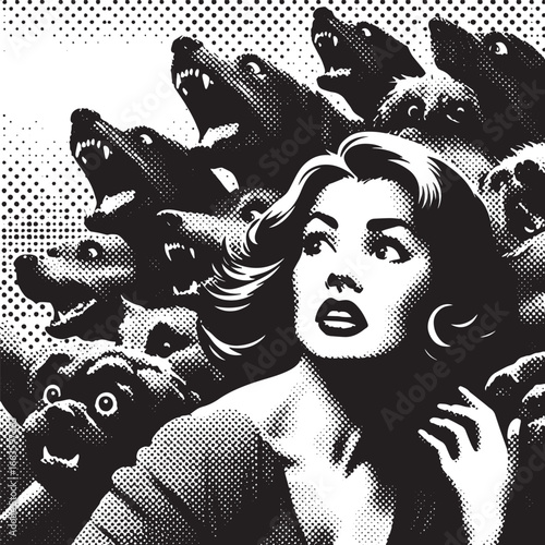 Vintage Black and White Illustration of a Terrified Woman Surrounded by Threatening Dogs