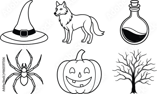 Vector art of assortment of halloween elements including a witchs hat, spider, wolf, potion bottle, carved pumpkin, and bare tree