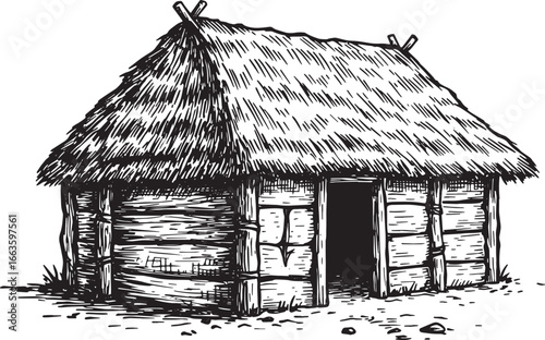 Rustic charm: Woodcut illustration of an archaic hut with thatch