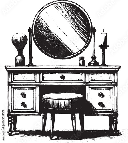 Elegant Vintage Vanity Table with Mirror, Stool, and Accessories in Black and White Illustration