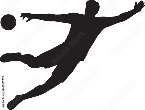 Silhouette of a soccer goalkeeper diving to catch the ball