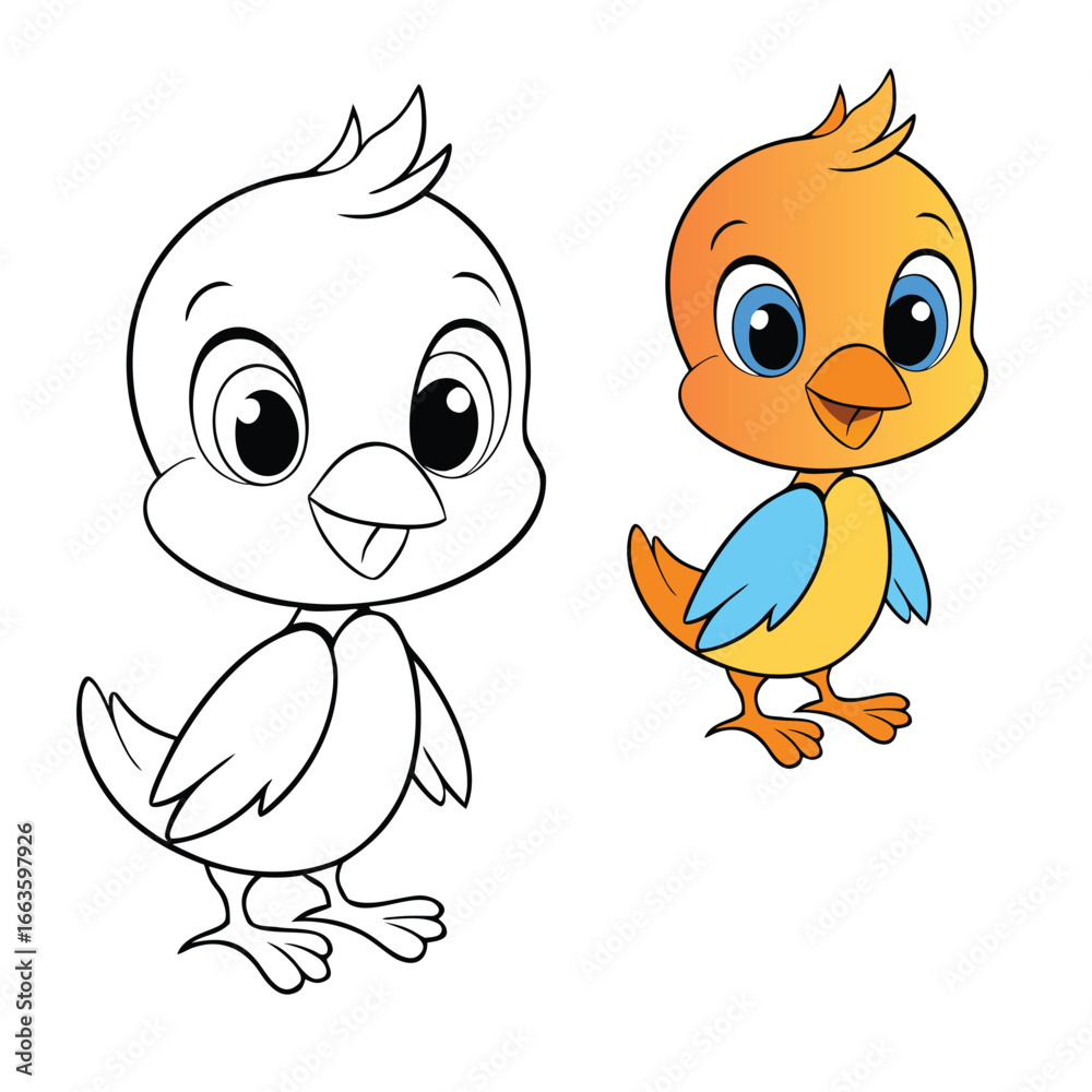 Fototapeta premium A fun cartoon bird vector coloring page featuring a cute, playful bird with simple outlines, perfect for kids and adults to enjoy creative coloring.