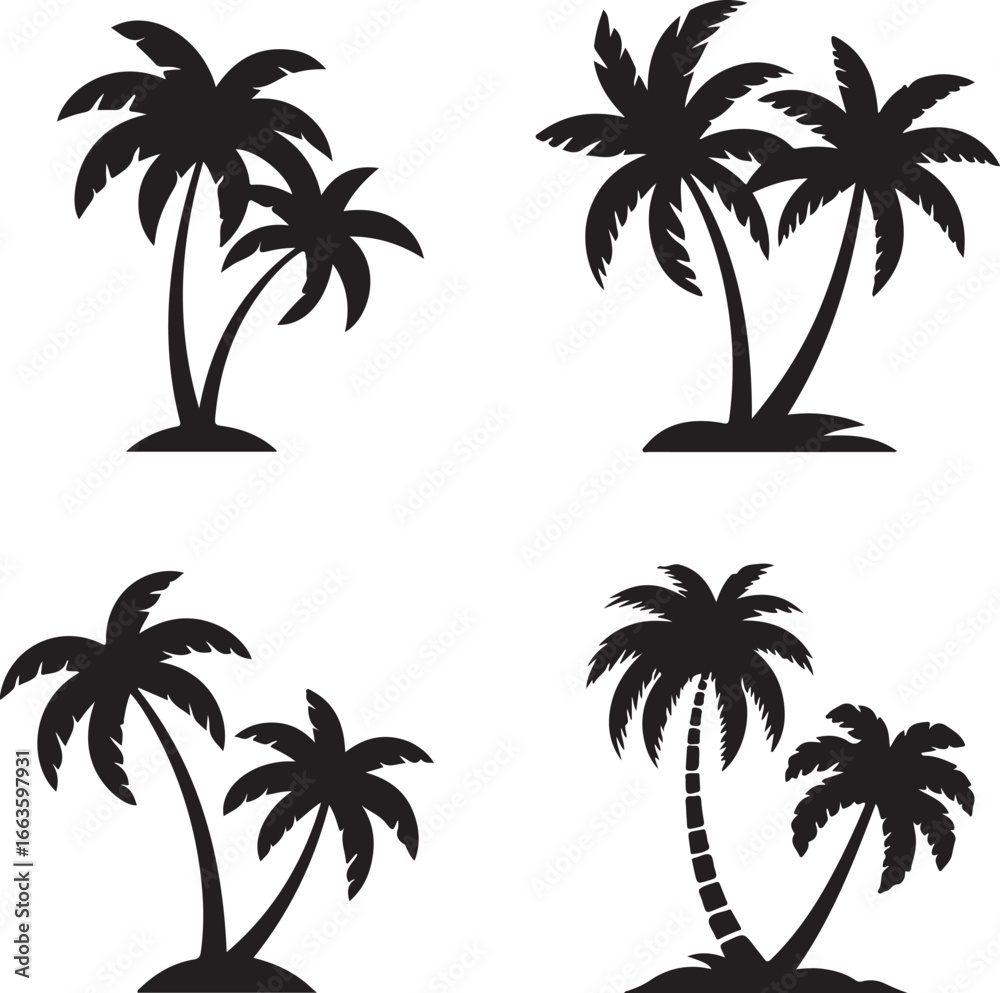 Fototapeta premium Silhouette Palm Trees: A Tropical Collection of Four Vector Designs