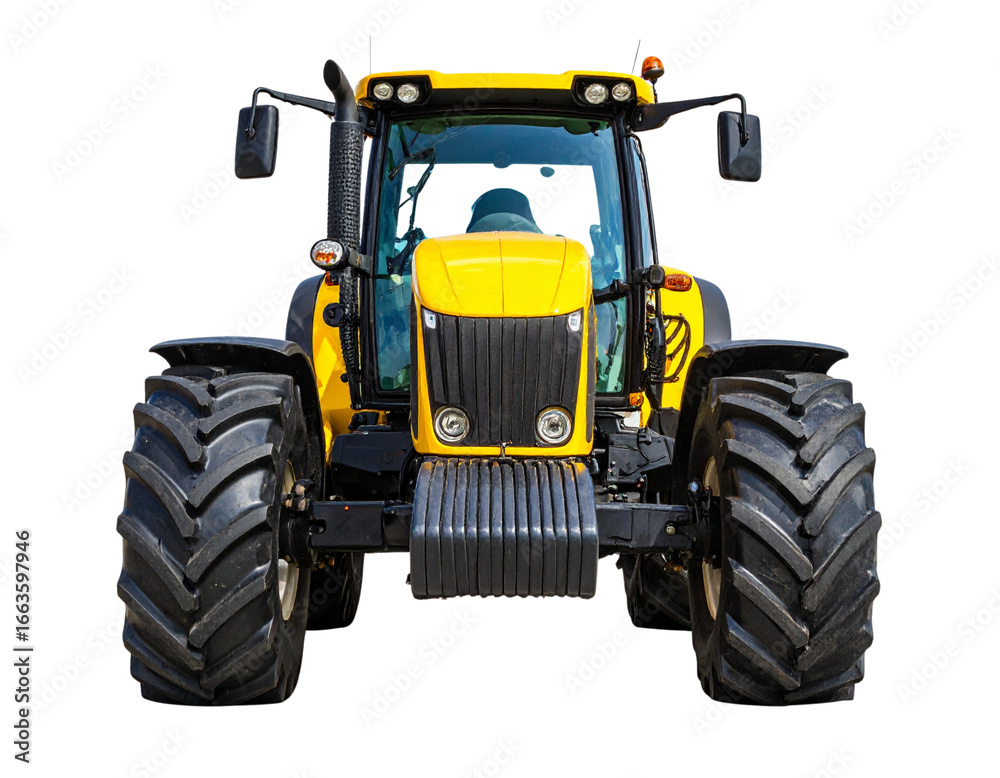 Obraz premium Front View of Yellow Agricultural Tractor with Large Treads, Isolated Transparent Background PNG