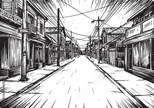 Monochrome urban landscape showcasing a woodcut style depiction