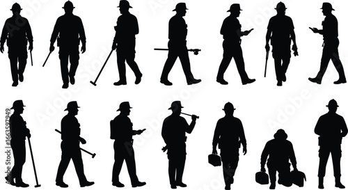 Silhouettes of construction workers wearing helmets, holding tools, walking and standing, industrial safety, labor, teamwork, industry, worksite