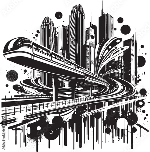 Dynamic Monochrome Illustration of a High-Speed Train Traversing a Modern Cityscape Environment
