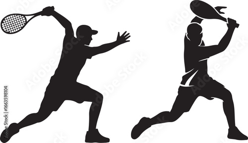 Two Silhouetted Tennis Players in Action on a White Background
