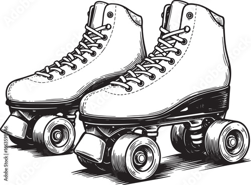 Detailed Woodcut Illustration of Roller Skates in Black and Whit