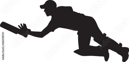 Silhouette of a cricket player diving to catch a ball
